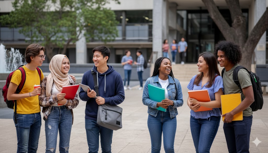 Happy, successful students on a campus
